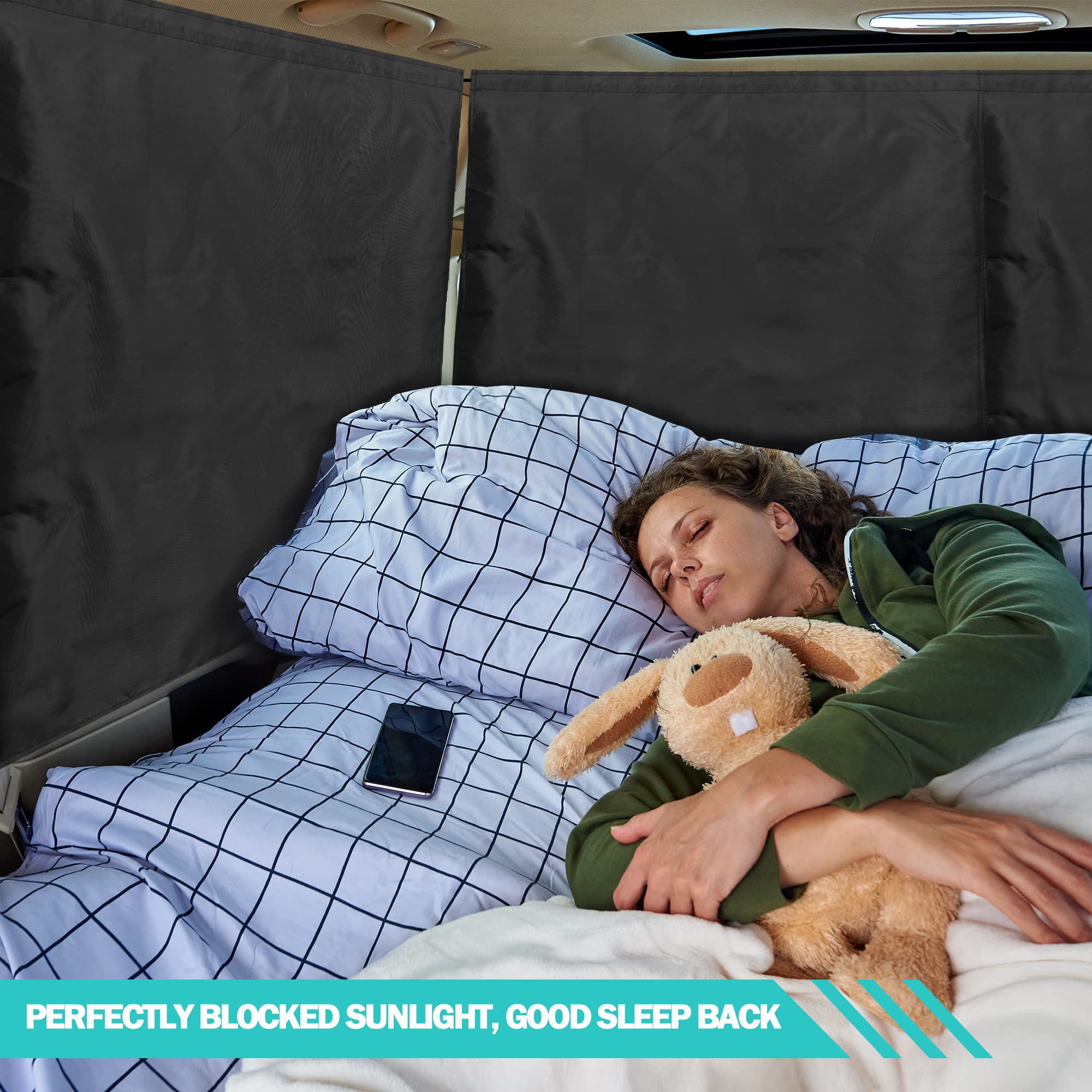 VANPET rear window curtain right side reduces glare and maintains privacy.
