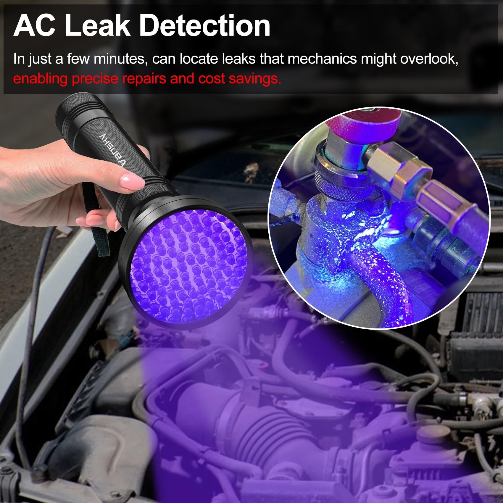Vansky 100 LED beads close-up showing bright, precise leak detection