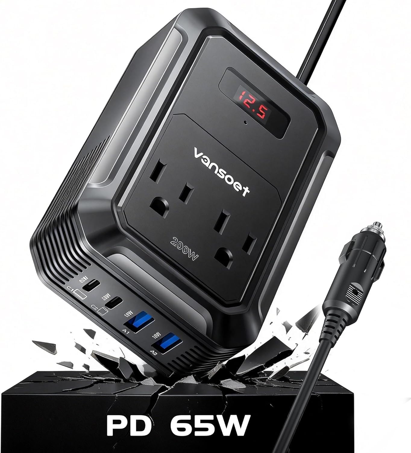 Vansoet 200W car inverter front view, a compact power hub for road trips.