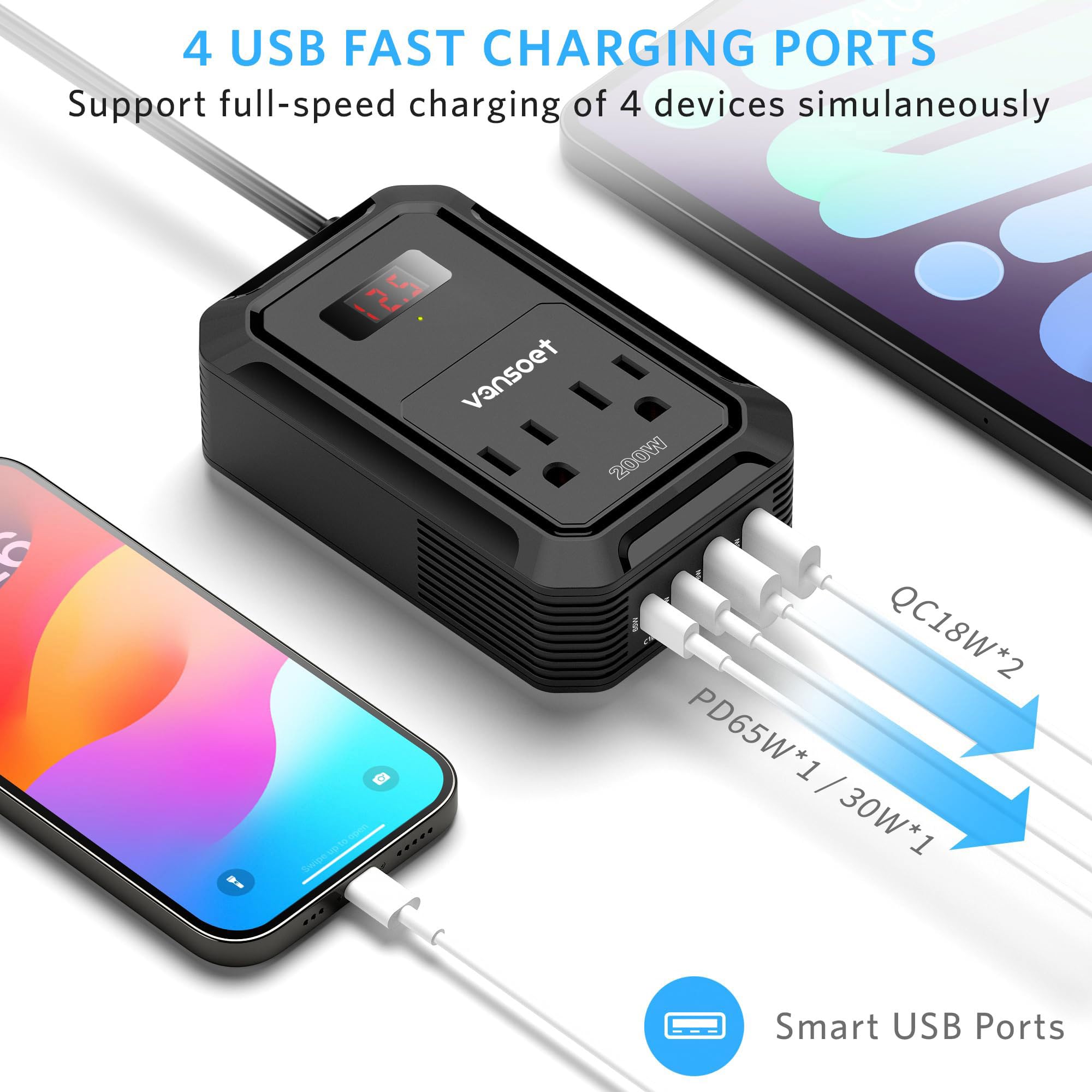 Vansoet PD 65W and QC 18W USB-C ports charge multiple devices.