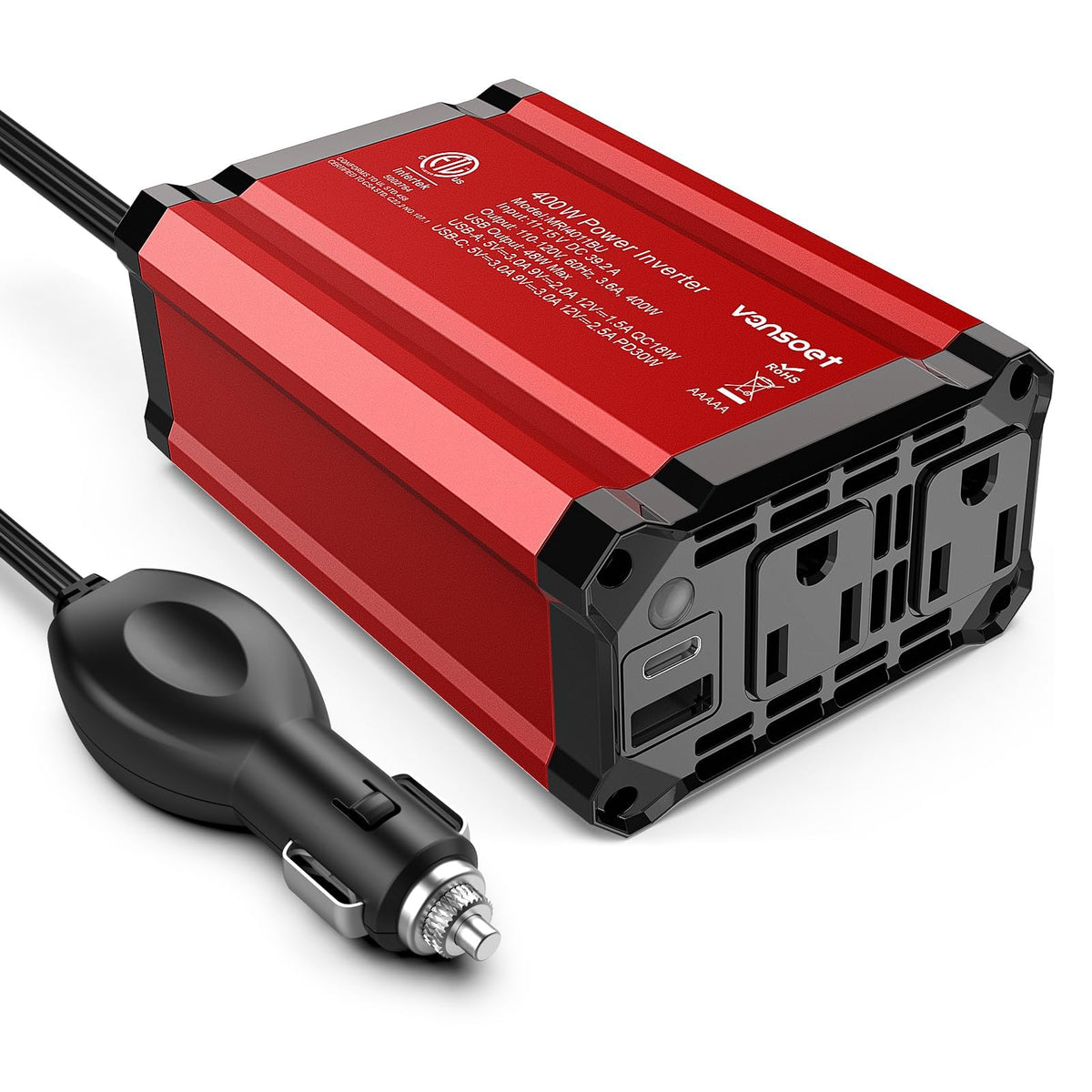 Vansoet 400W car inverter front view powering devices on the road