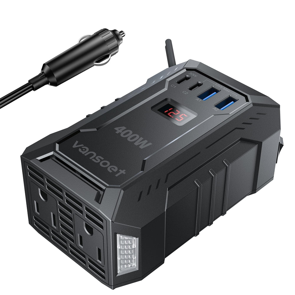Vansoet 400W inverter front view showing compact car-friendly design and port access.