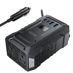 Vansoet 400W inverter front view showing compact car-friendly design and port access.