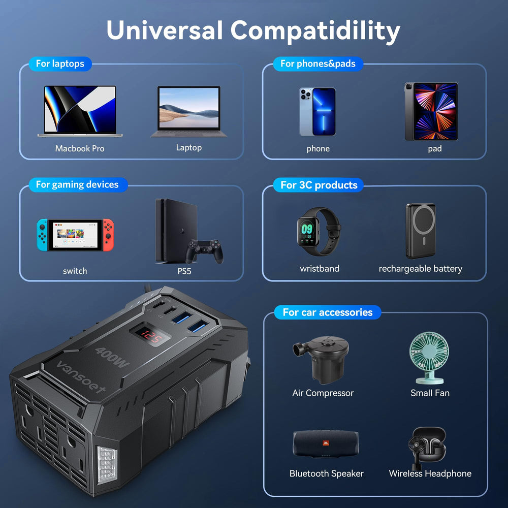 Vansoet packaging includes cables and adapters ready for car use.
