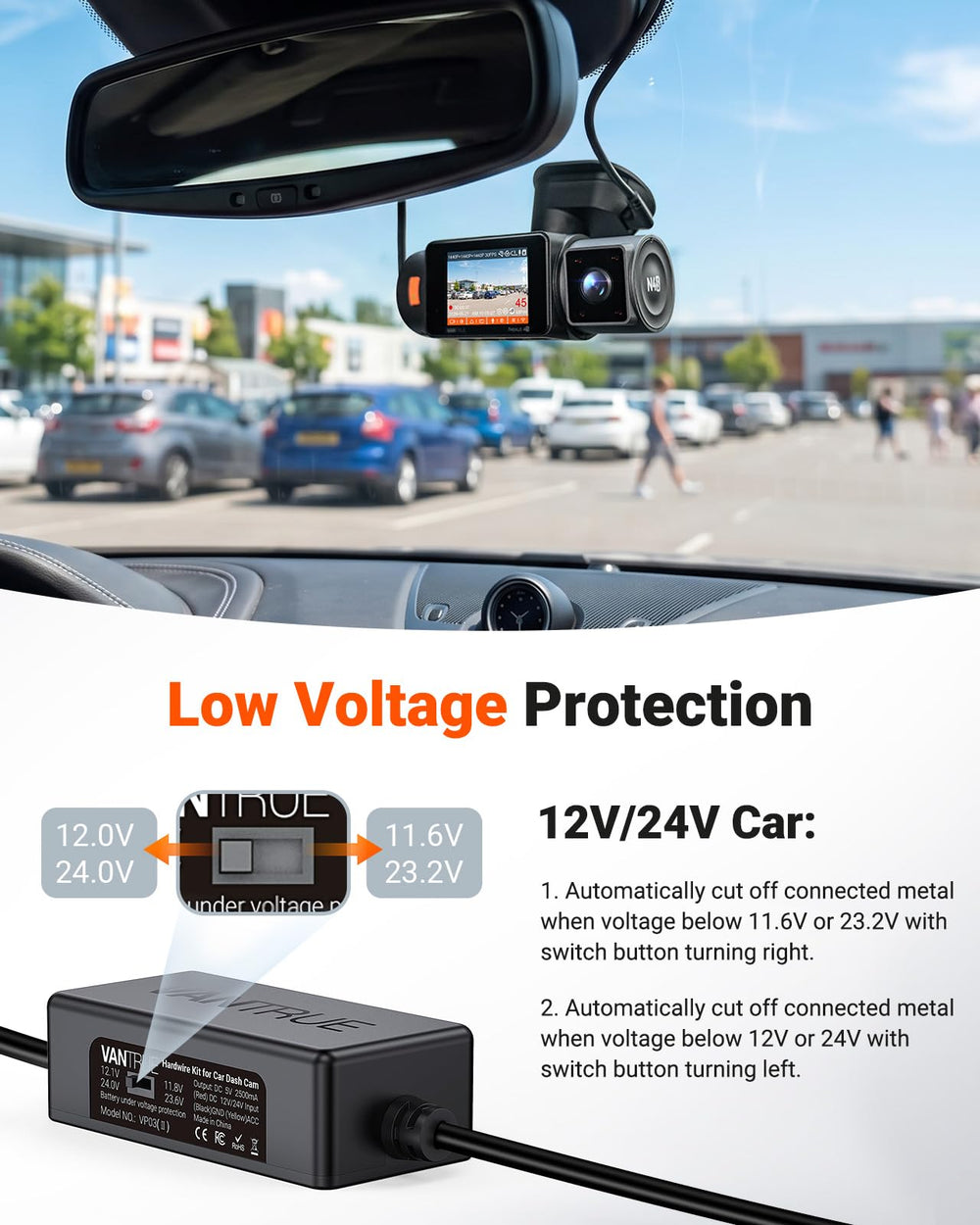 VANTRUE ACC sensor and cable connection illustrating automatic parking mode