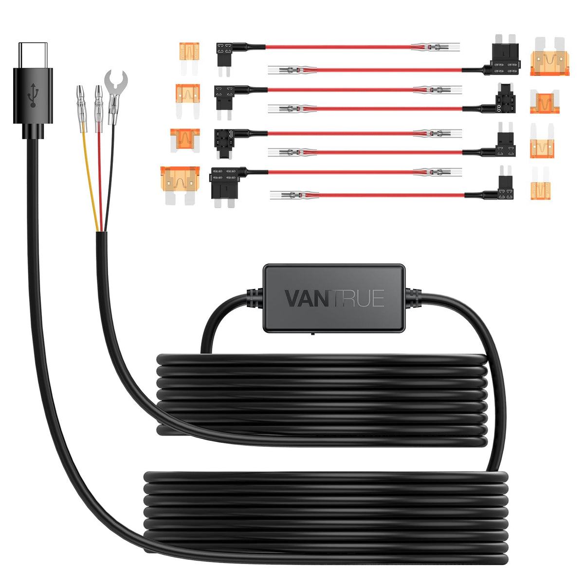 VANTRUE hardwire kit front view showing ports and cable for reliable power