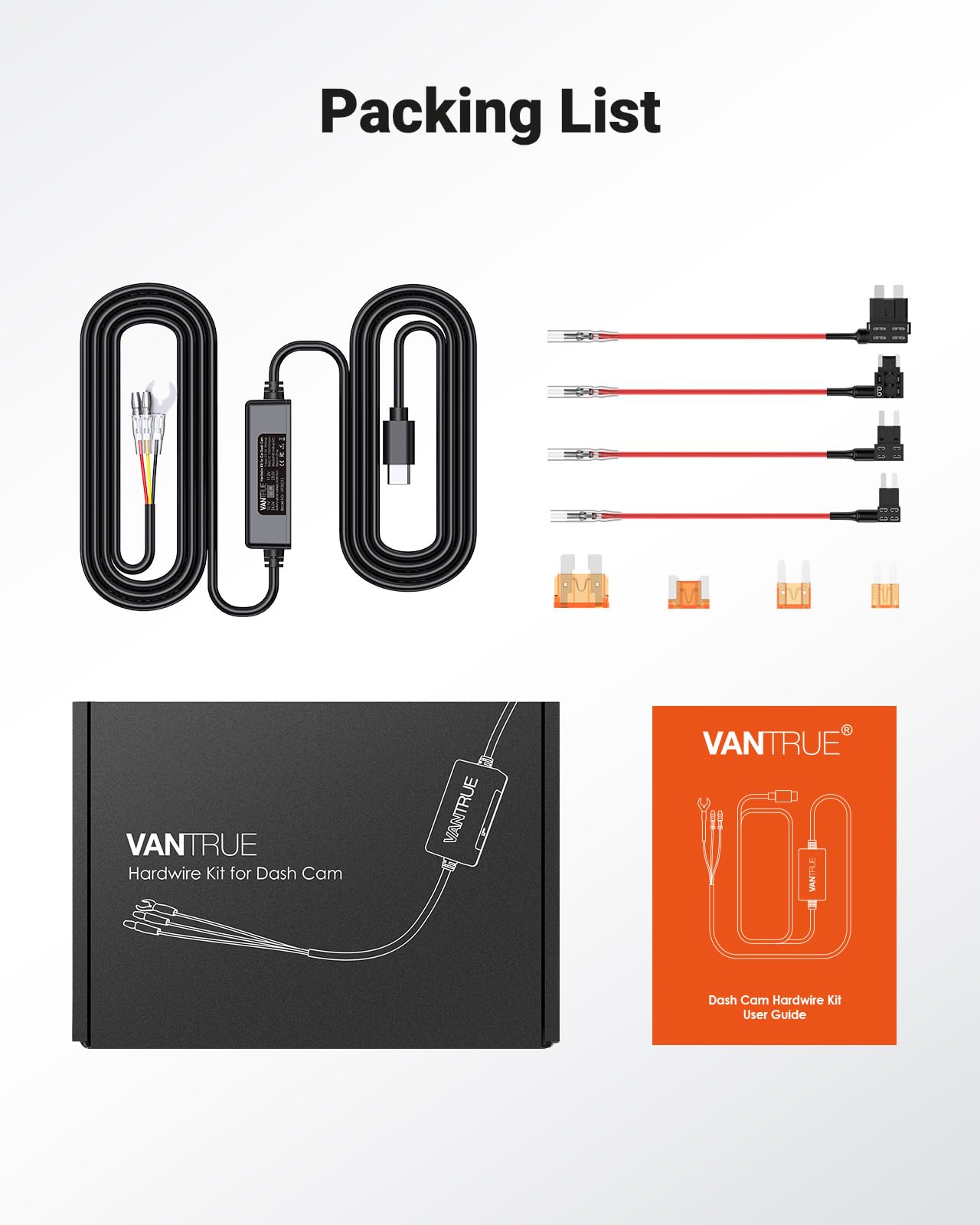 VANTRUE packaging and accessories laid out for easy parts identification