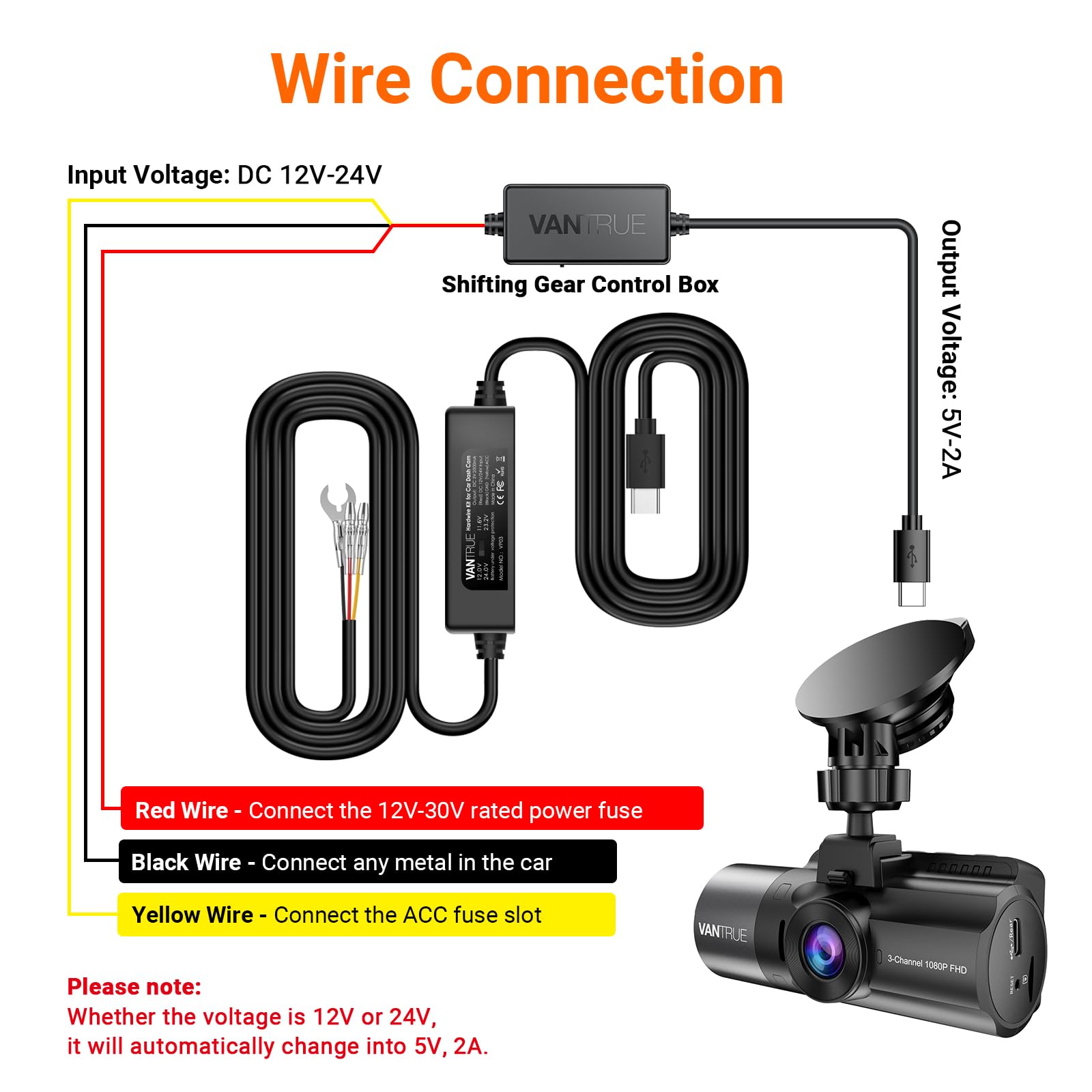 VANTRUE long 11.5ft USB‑C cable length detail for flexible installation