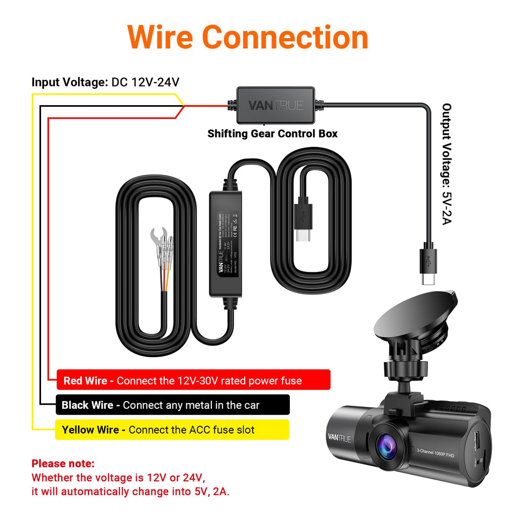 VANTRUE long 11.5ft USB‑C cable length detail for flexible installation