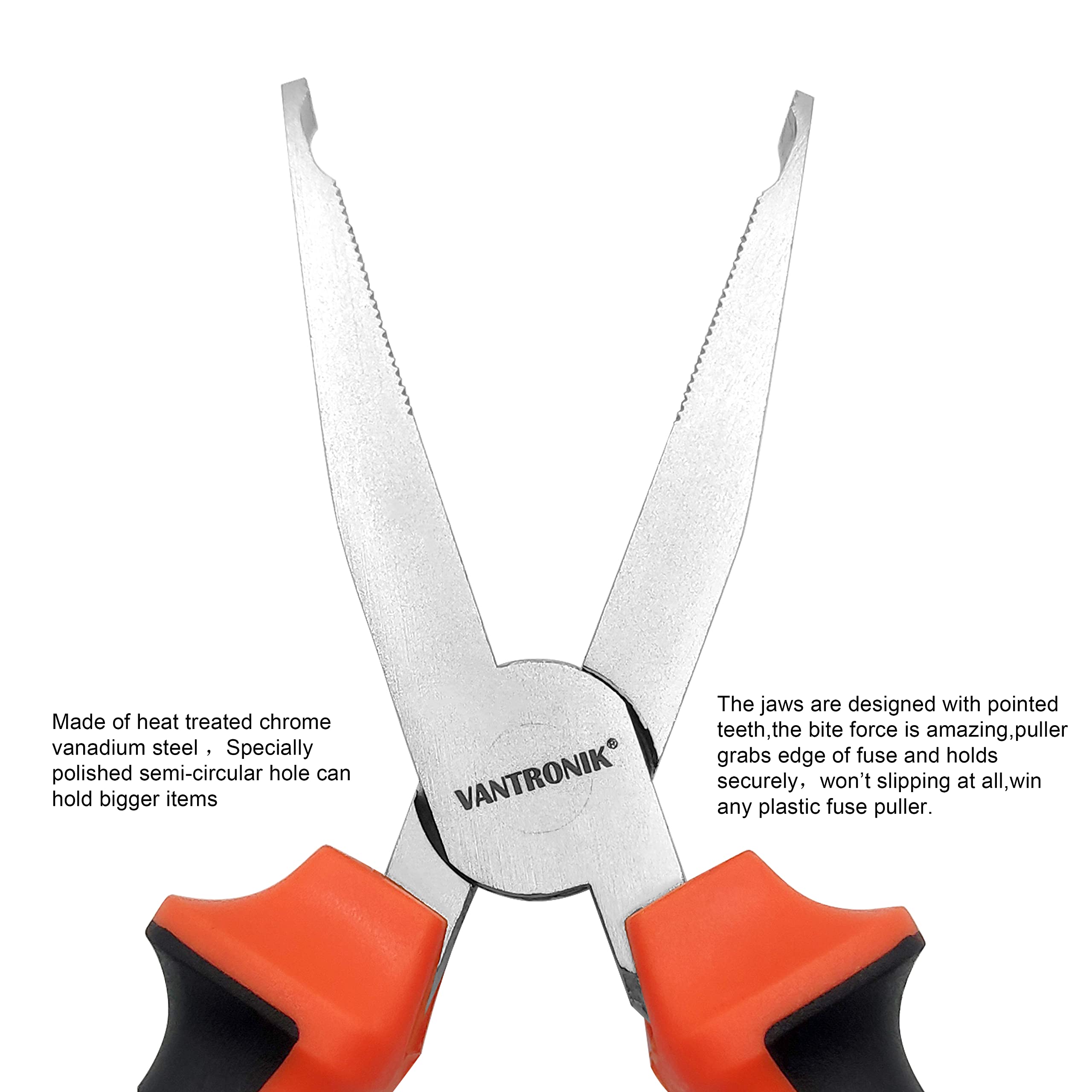Close-up of serrated teeth and notch on VANTRONIK puller for secure grip.