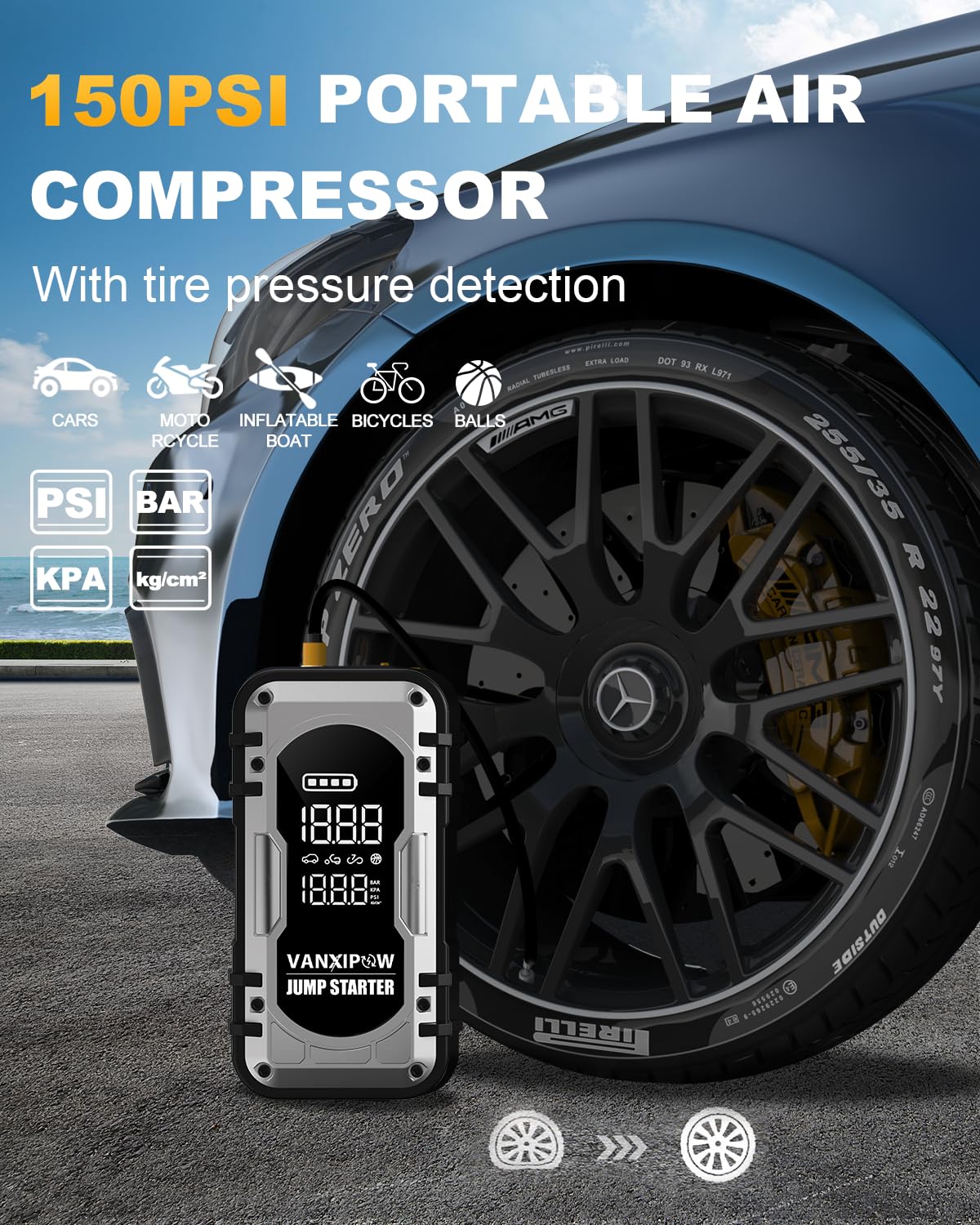 VANXIPOW digital LCD display shows battery and tire data