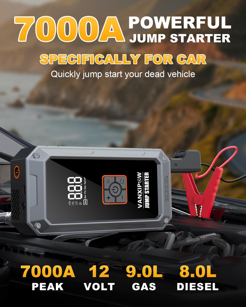 VANXIPOW LED display close-up showing tire pressure and battery level for clear readings