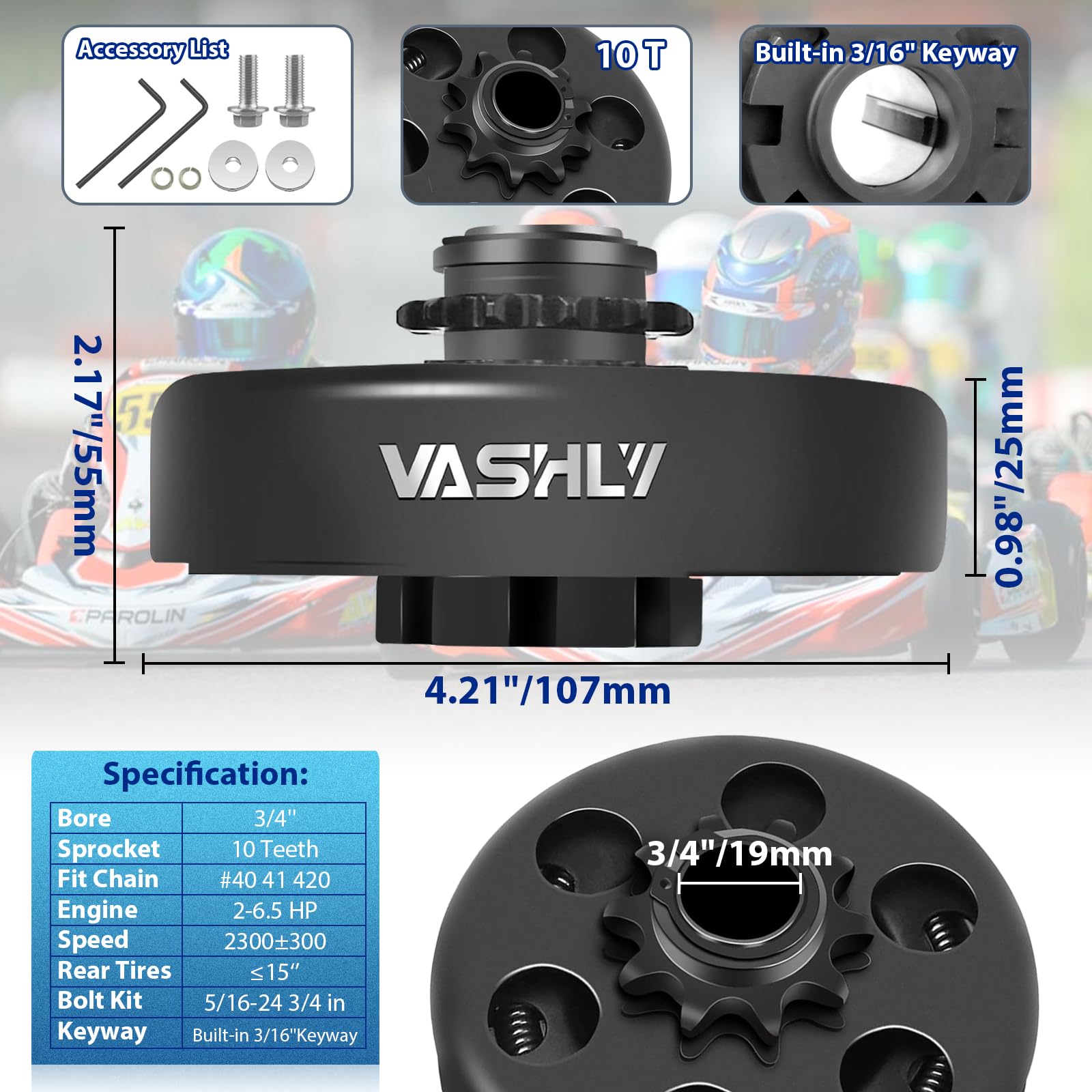 VASHLY Go Kart Clutch 10T side view highlights lightweight construction for portable setups