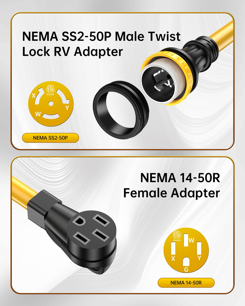 VASTHOME SS2-50P to 14-50R connection shows secure twist-lock fit for RV.