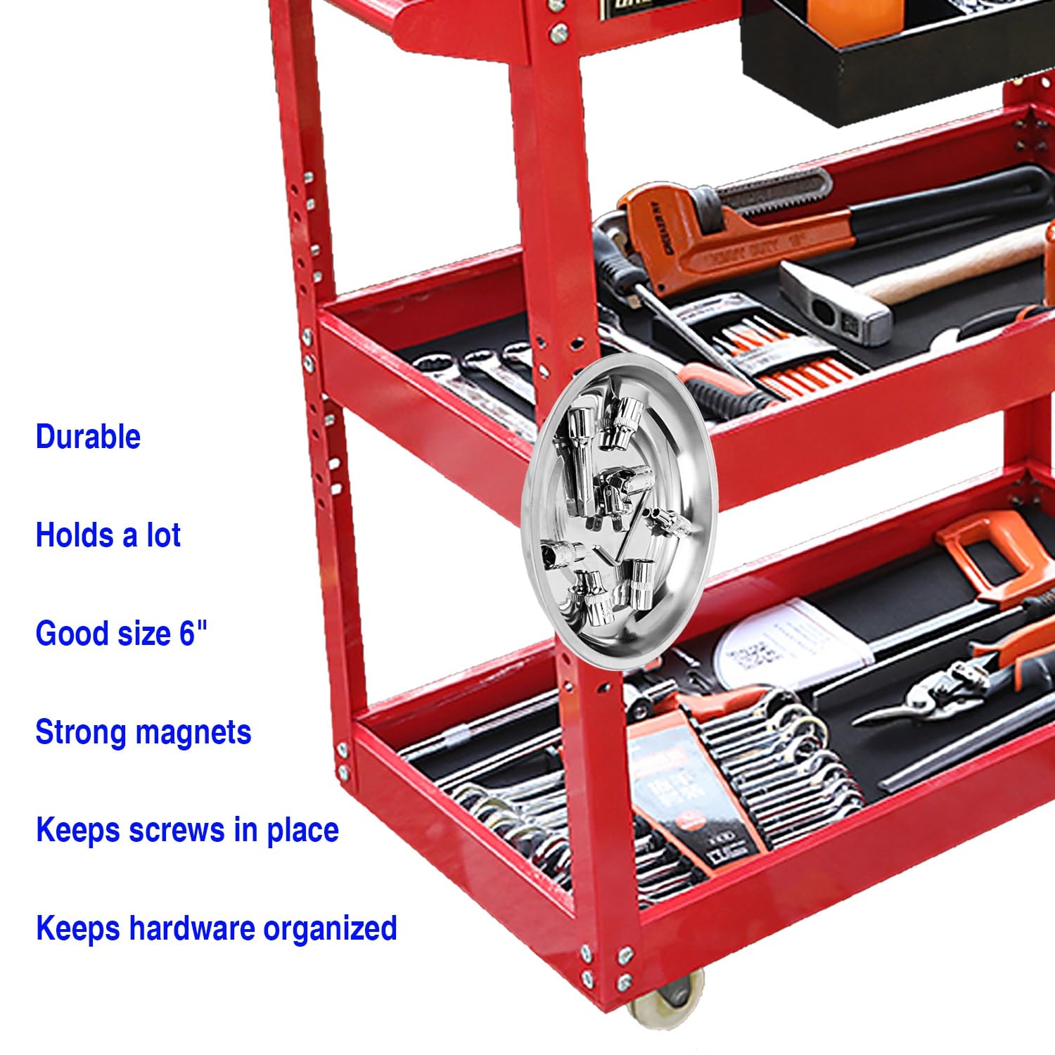VASTOOLS stainless steel magnetic tray attaches to ferrous surfaces.