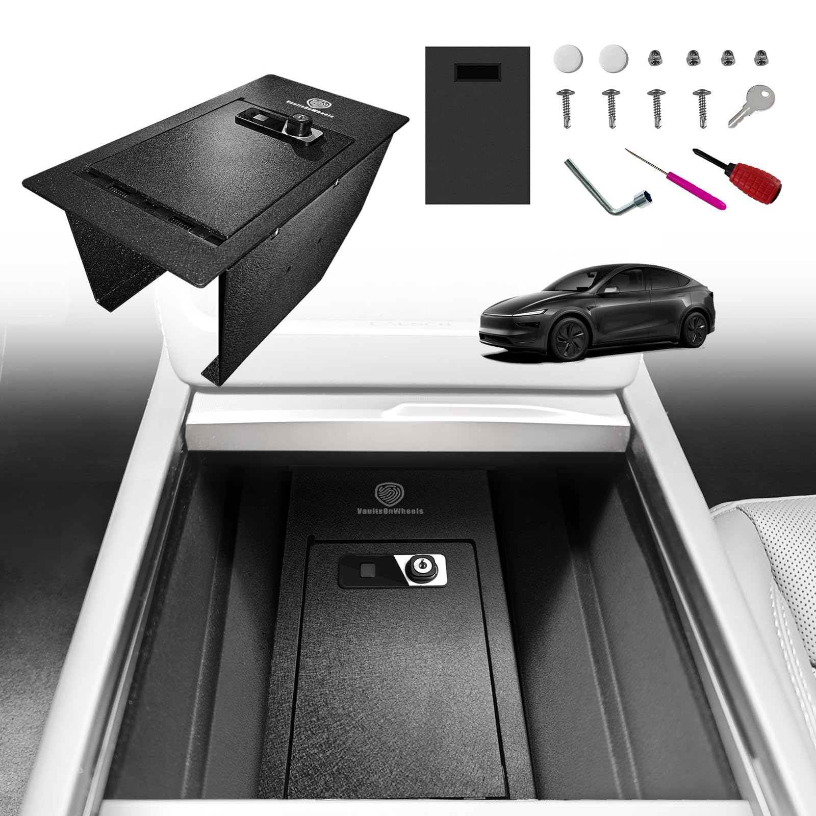 VaultsOnWheels juniper center console safe securely stores valuables in your Tesla Model Y Juniper.