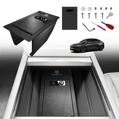 VaultsOnWheels juniper center console safe securely stores valuables in your Tesla Model Y Juniper.