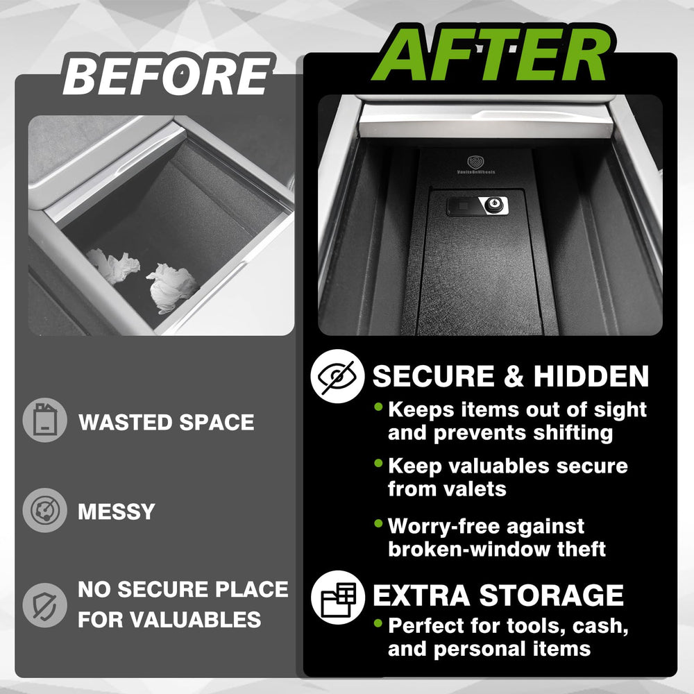 VaultsOnWheels under-organizer compatibility hides the safe behind the OEM front organizer.