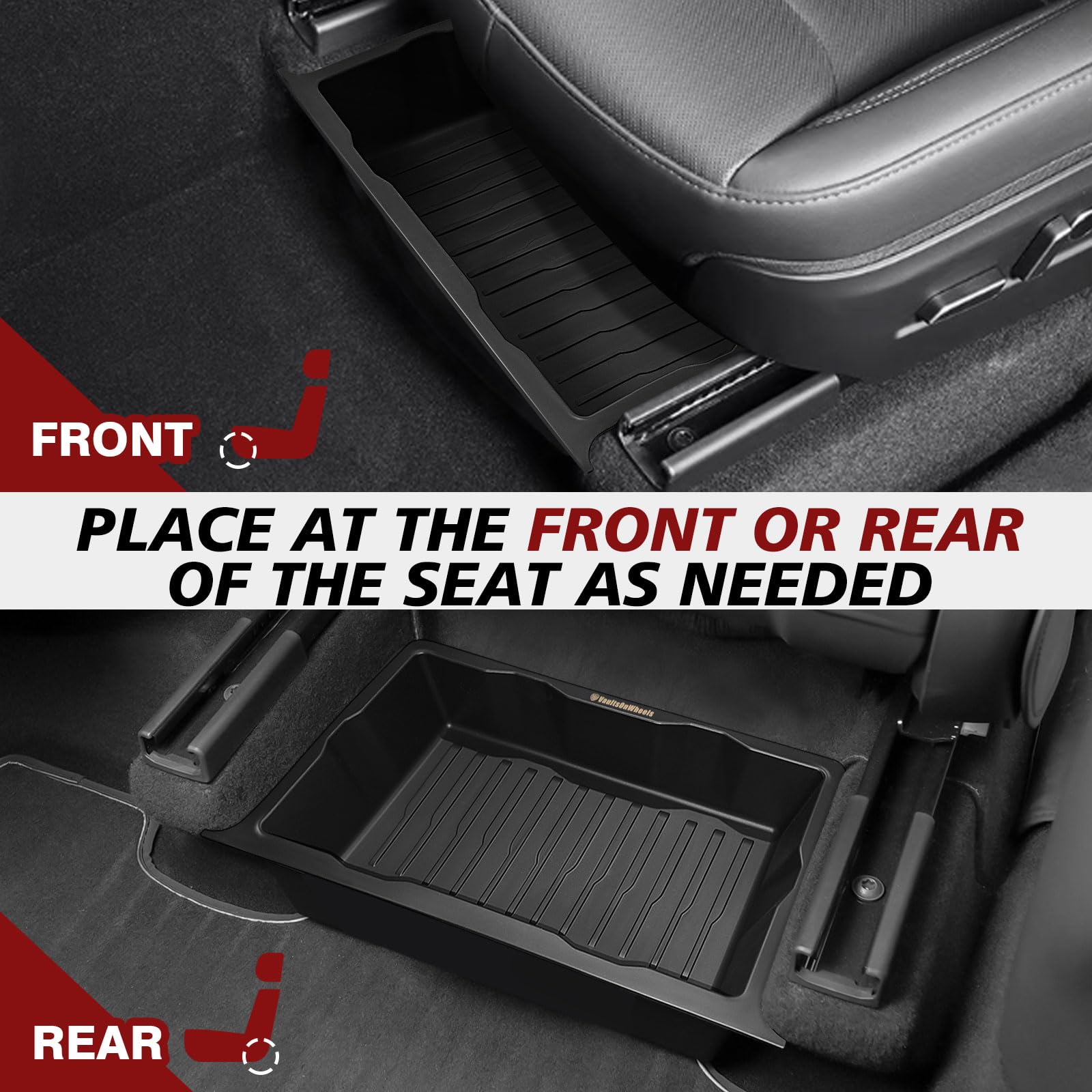 Two-pack VaultsOnWheels under-seat storage boxes shown together for space optimization