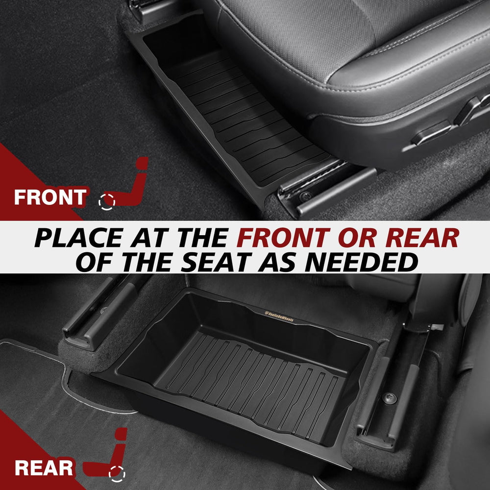 Two-pack VaultsOnWheels under-seat storage boxes shown together for space optimization