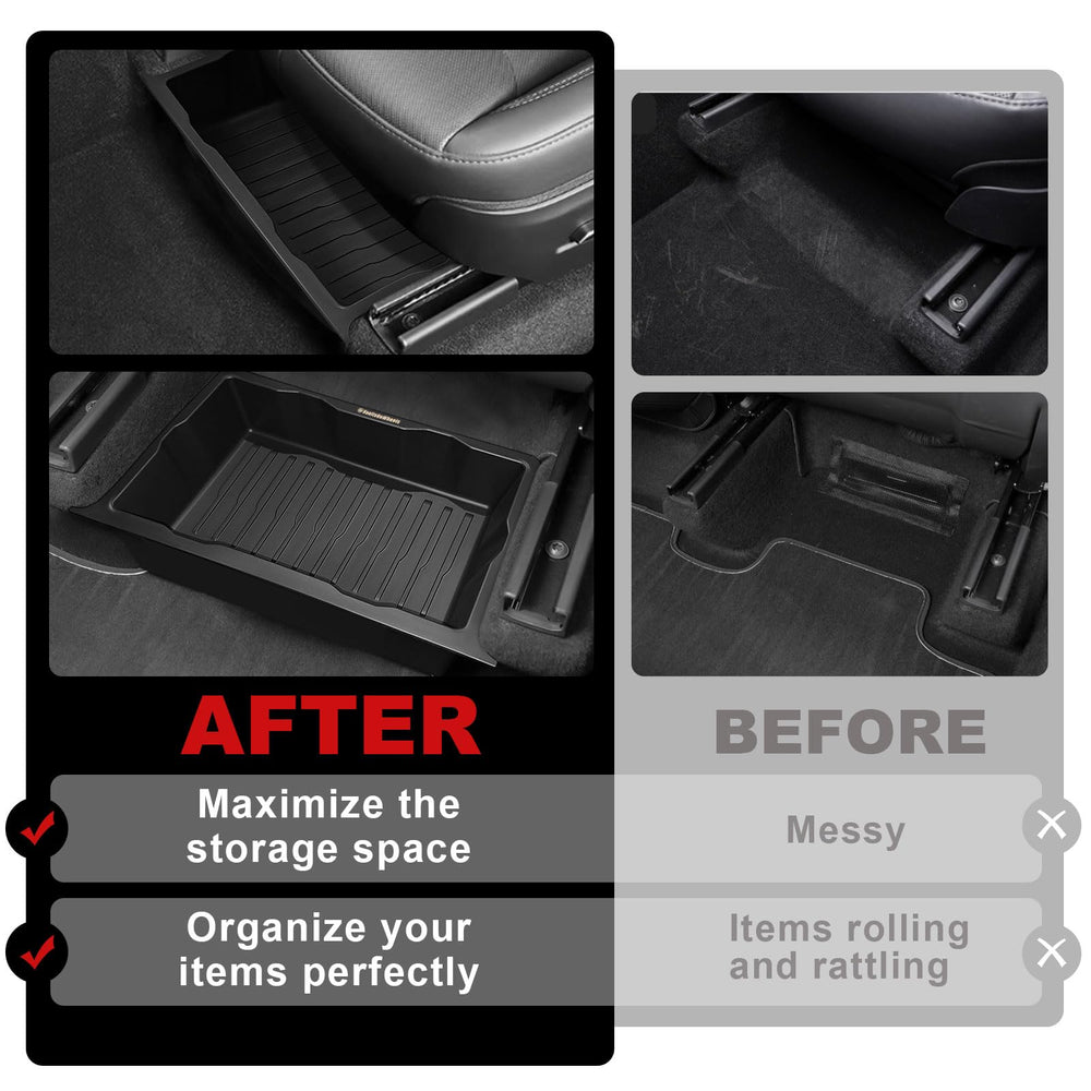 Tool-free installation of VaultsOnWheels under-seat storage box under the seat