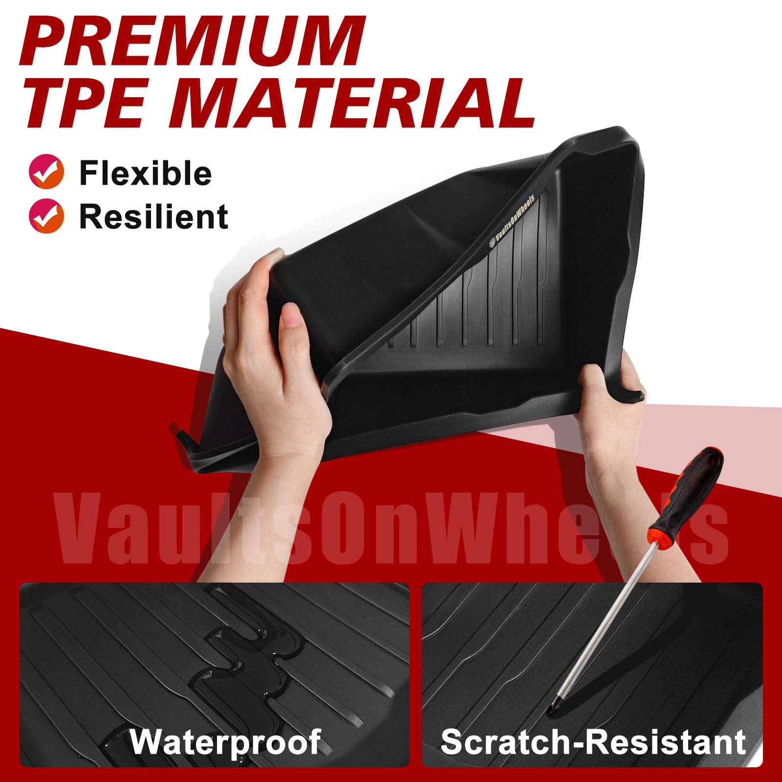 Includes anti-slip bump strips for secure placement of VaultsOnWheels organizers