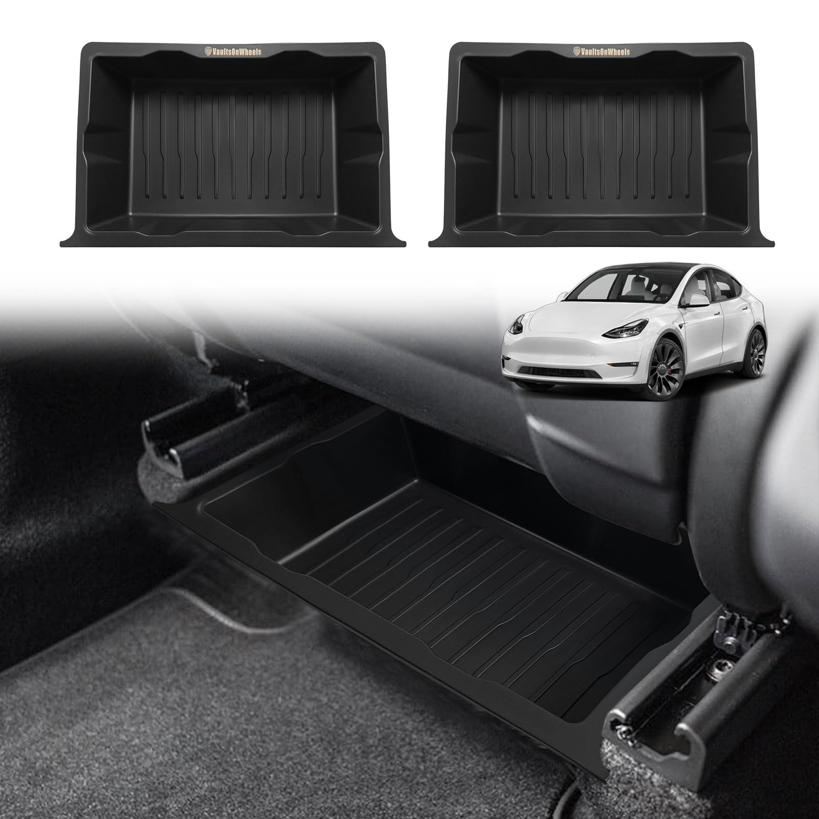 VaultsOnWheels under-seat storage box in Tesla Model Y front view for organized essentials