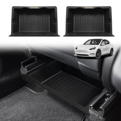 VaultsOnWheels under-seat storage box in Tesla Model Y front view for organized essentials