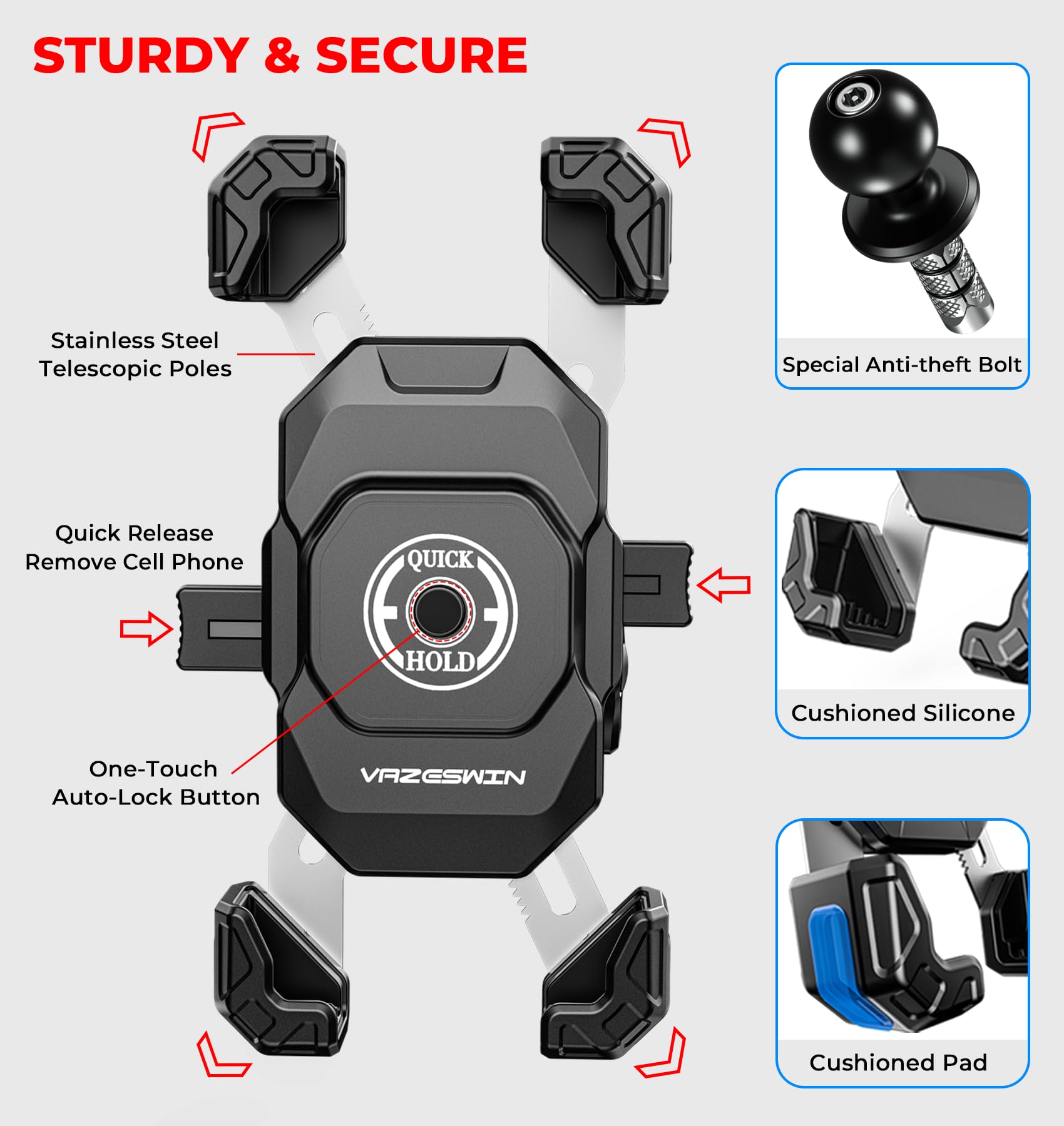 VAZESWIN safety lock keeps the phone in place at high speeds