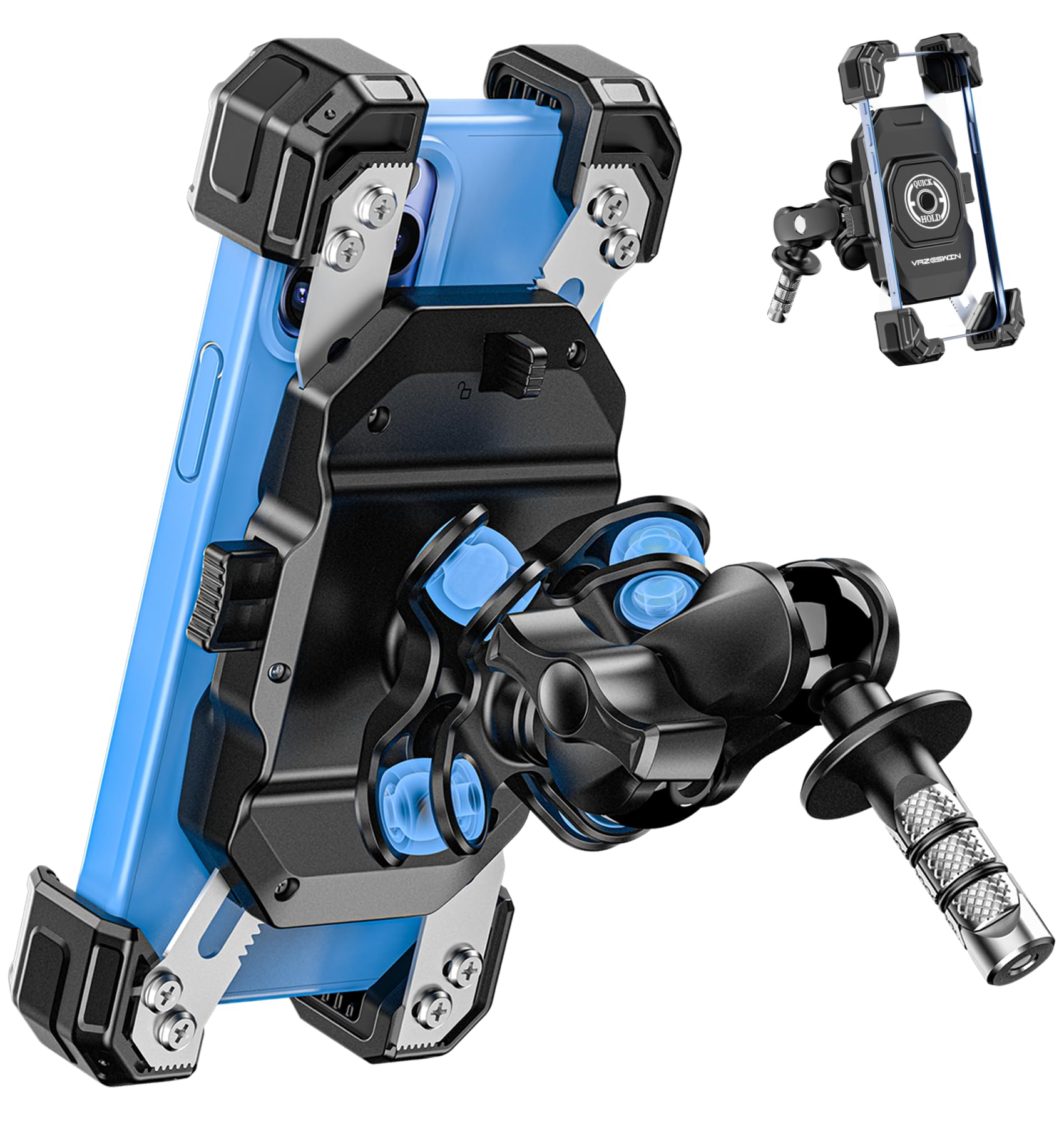 VAZESWIN stem-mount base securely holds your phone on a motorcycle fork