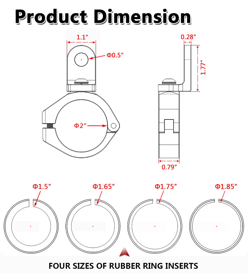 Anti-slip rubber inserts secure mounts on various bar sizes.