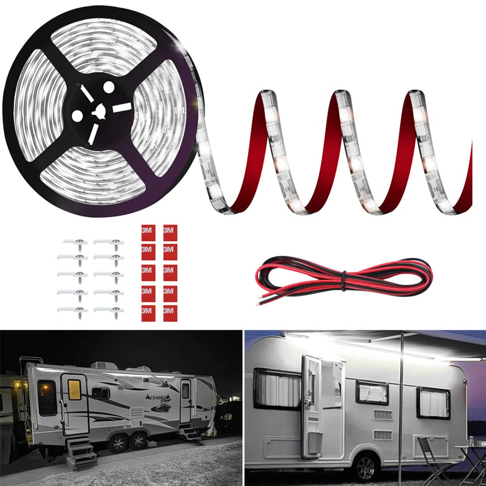 Vbakor RV Awning Lights 13ft strip creating bright exterior ambiance for camping