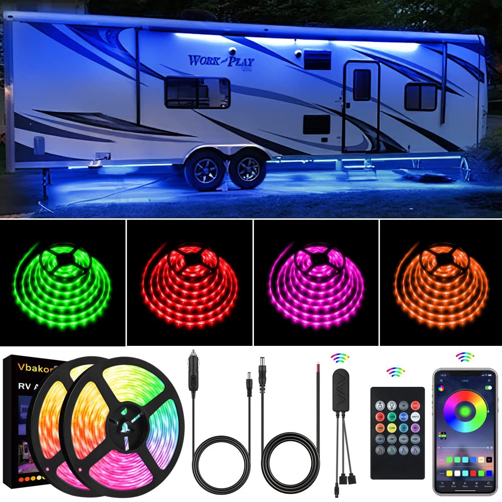 Vbakor RV Awning Lights 33ft glowing along the RV for vivid nighttime curb appeal.