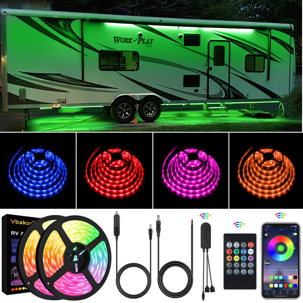 Vbakor RV awning lights illuminate the 40ft exterior for nighttime visibility and style.
