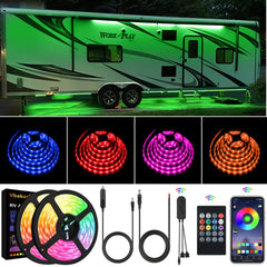 Vbakor RV awning lights illuminate the 40ft exterior for nighttime visibility and style.