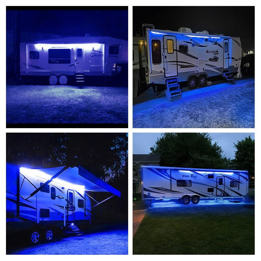 Vbakor RV awning lights in a real campsite setup providing evening illumination