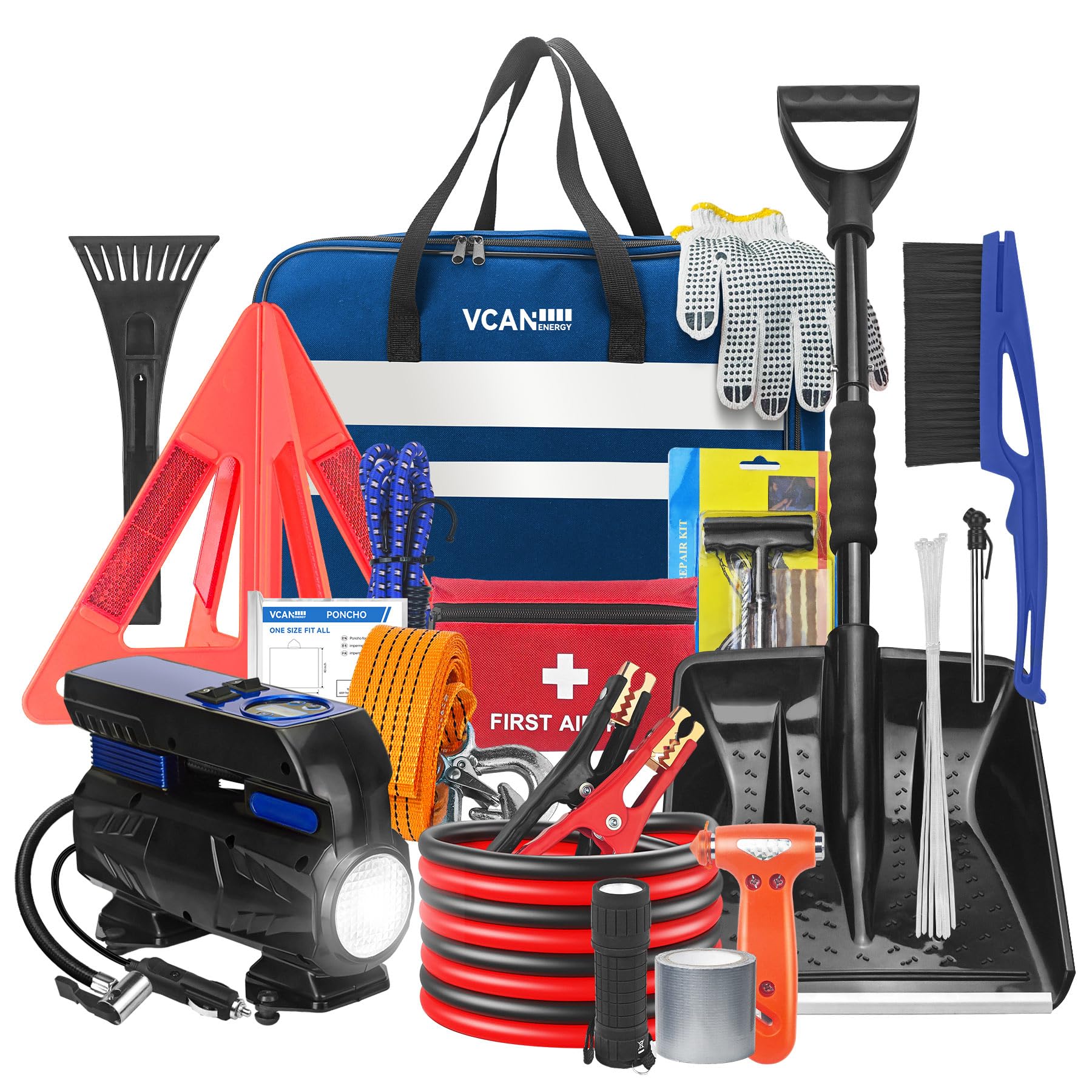 VCANENERGY car emergency kit with digital air compressor for precise tire inflation