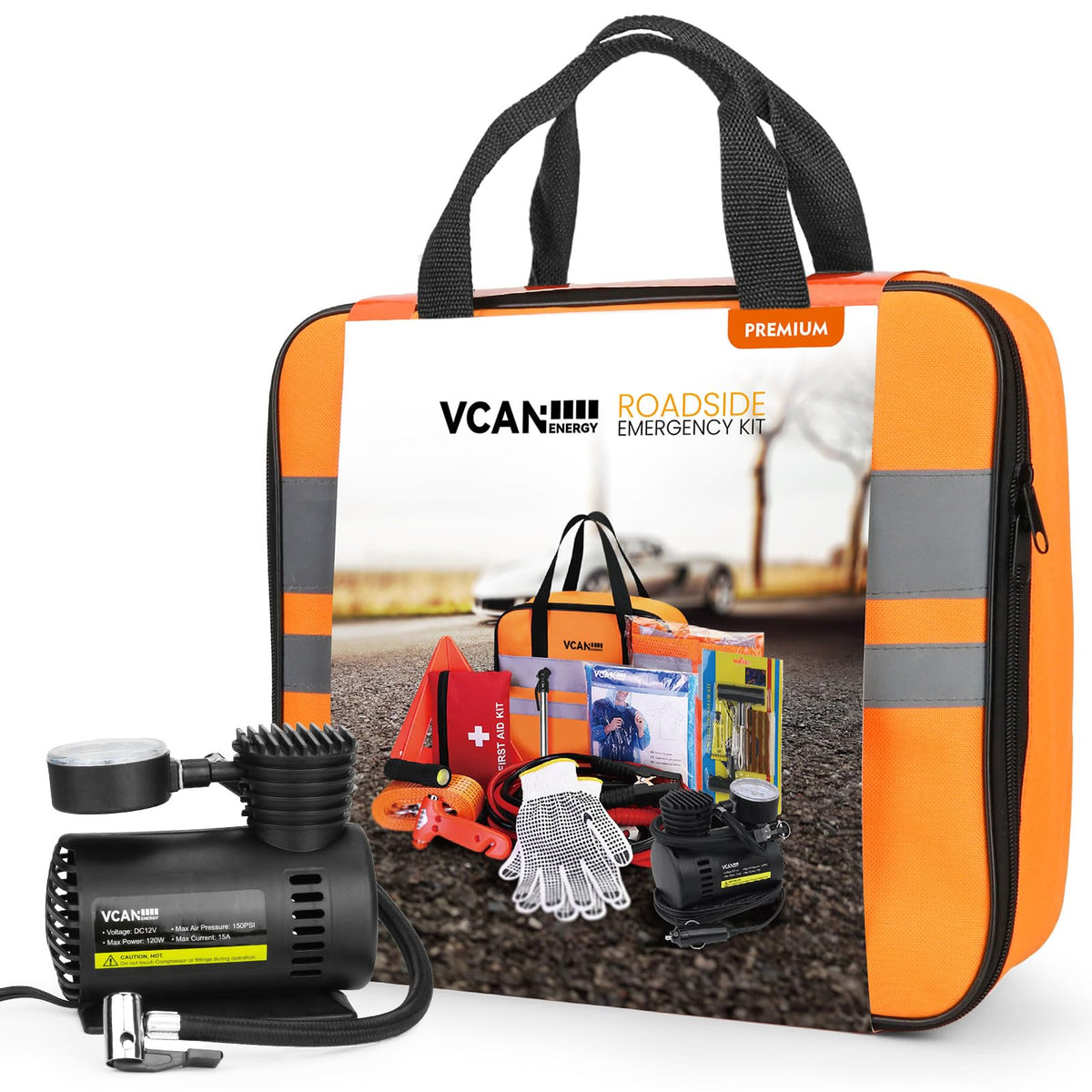 VCANENERGY car emergency kit with portable air compressor for on-the-go tire inflation