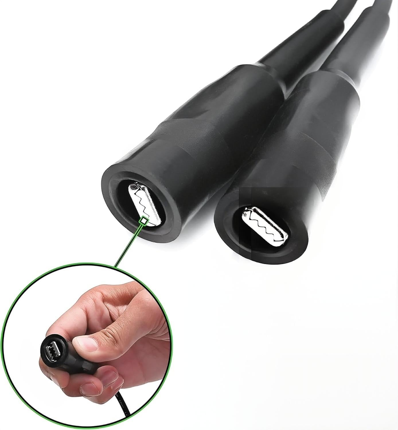 VCC insulated alligator clips for direct secure battery connections.