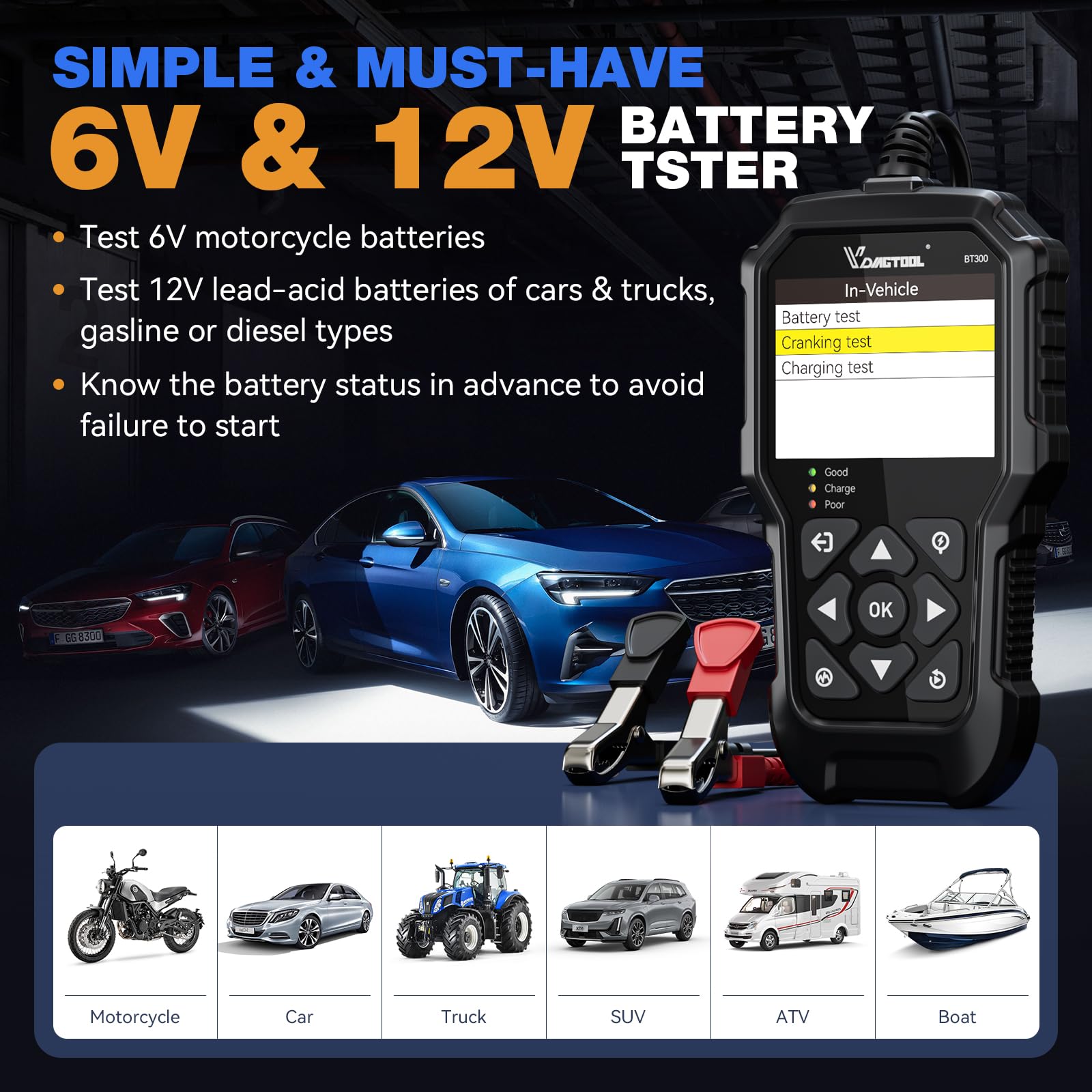 VDIAGTOOL BT300 battery compatibility label confirms wide 6V/12V support.