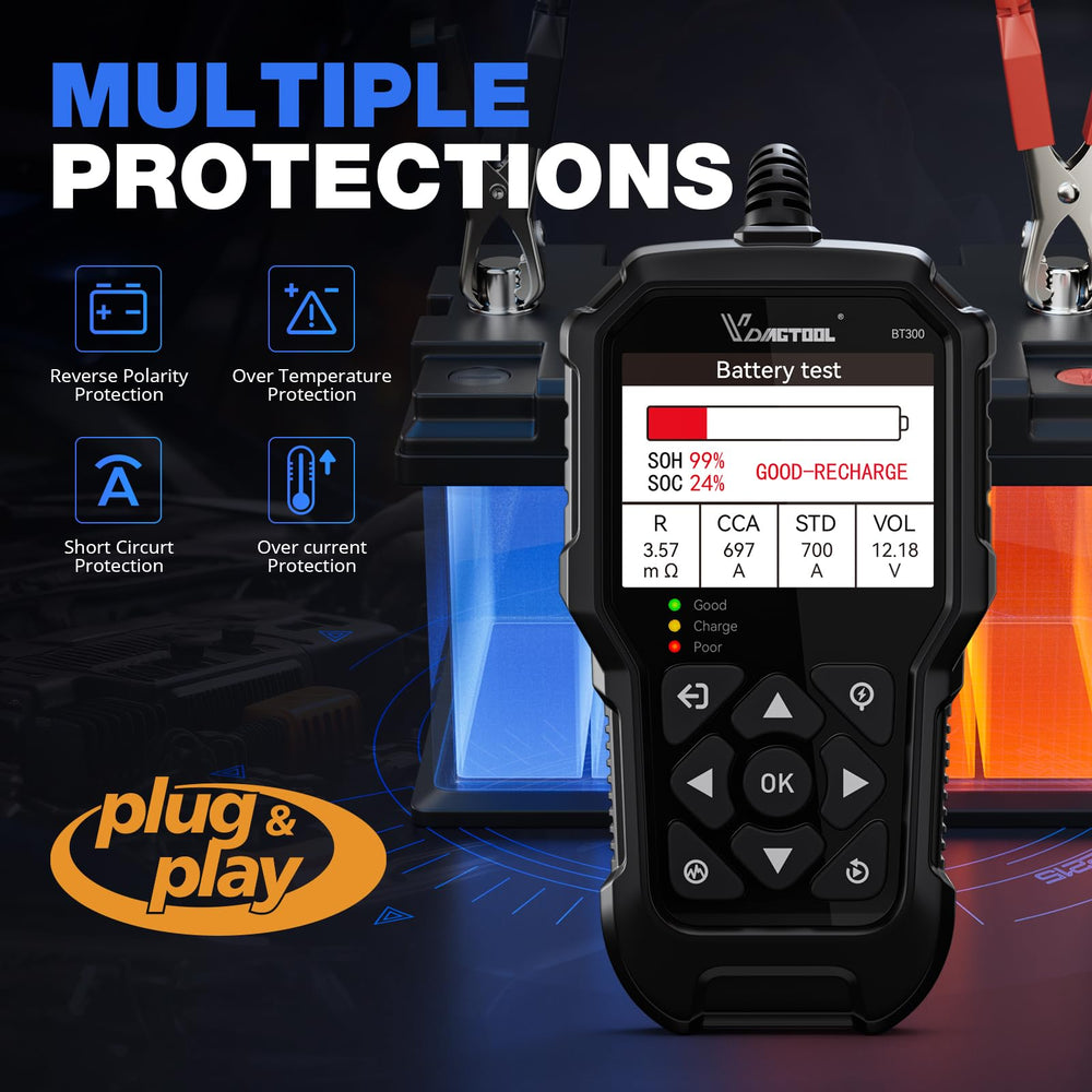 VDIAGTOOL BT300 cranking and charging test reveals starter and alternator health.