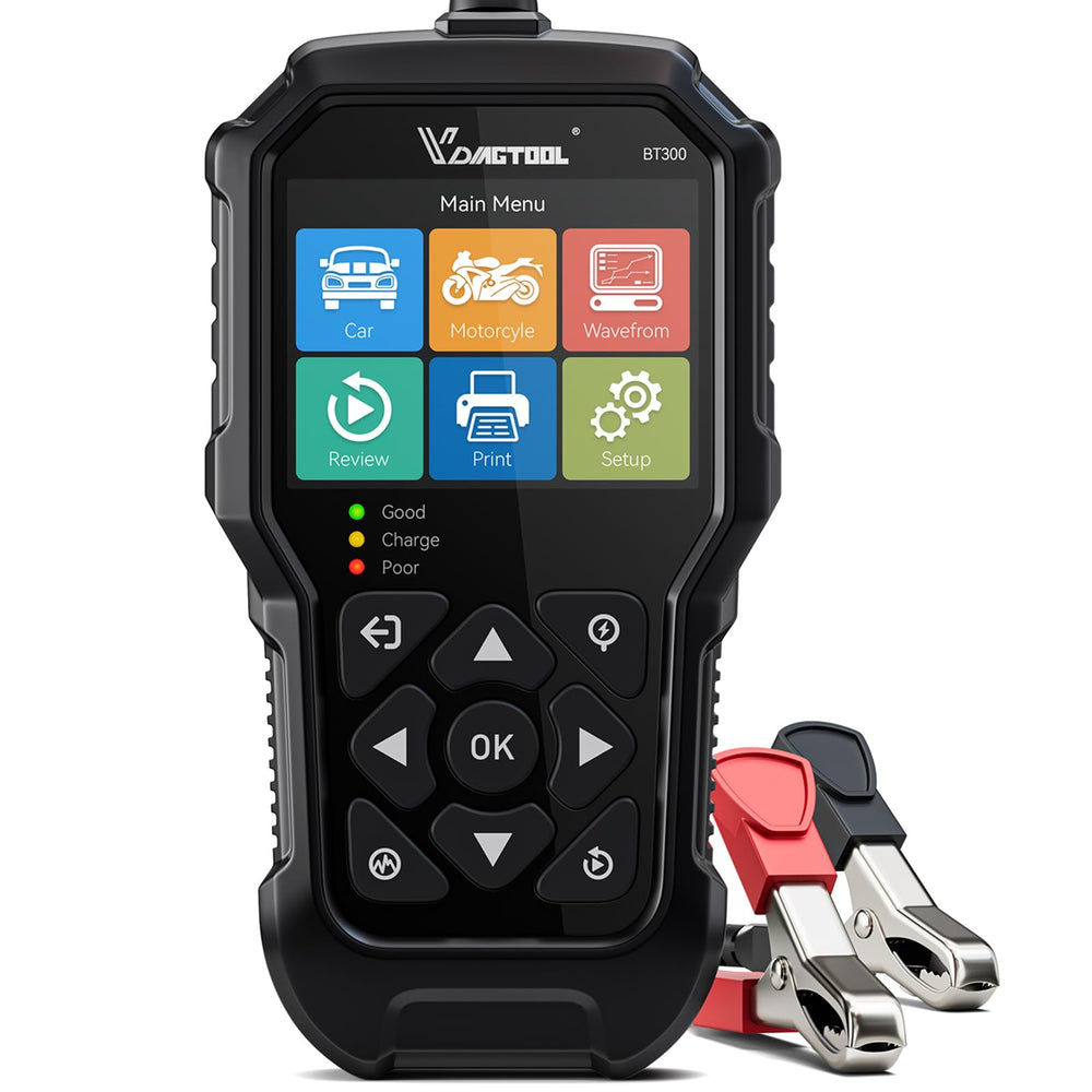 VDIAGTOOL BT300 front view shows portable tester for quick battery checks.