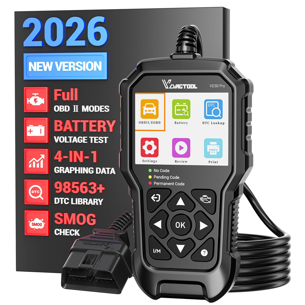 VDIAGTOOL VD30 Pro on-dash display shows clear fault codes for quick diagnostics.