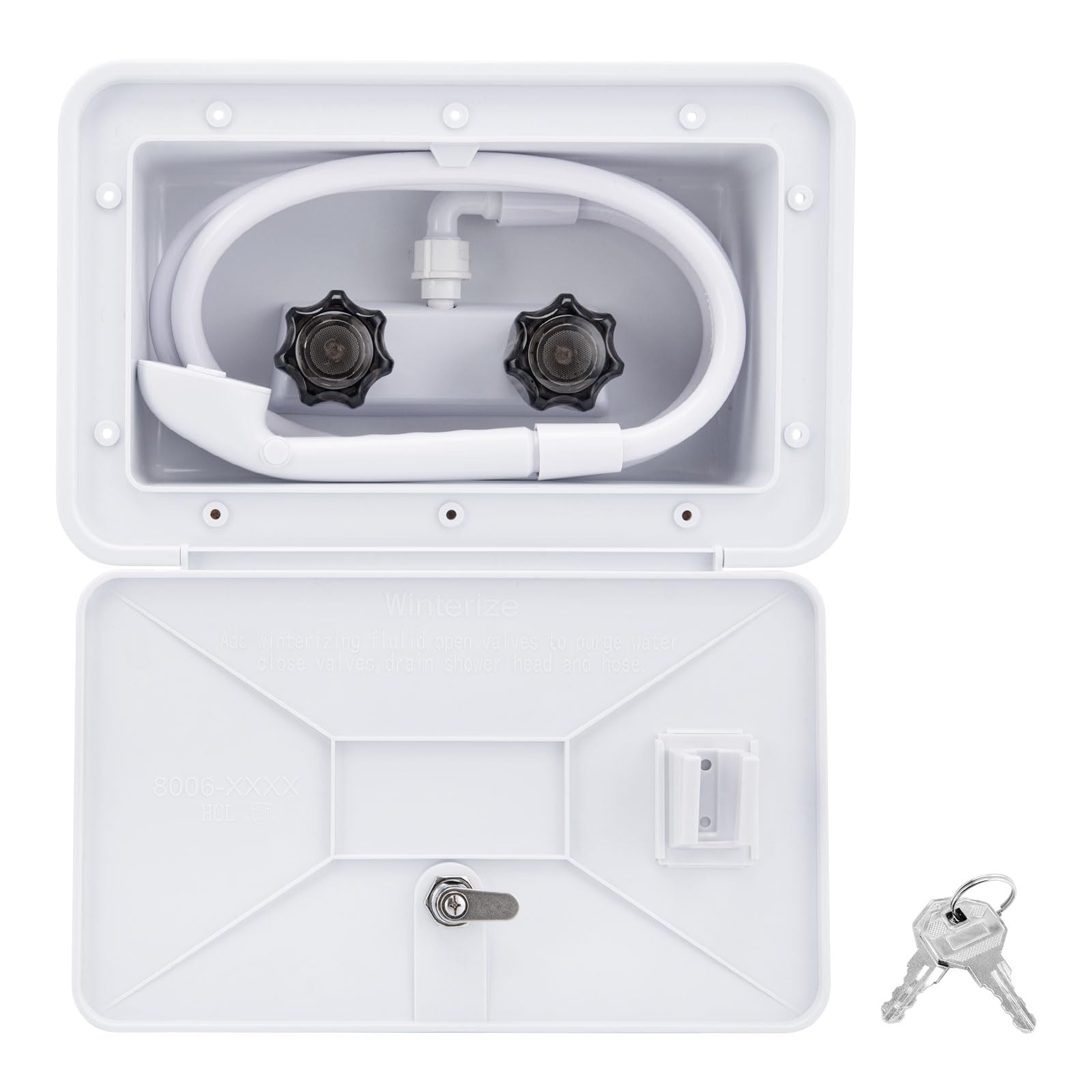 VECKYJL RV outside shower box mounted on exterior for convenient rinsing after outdoor adventures