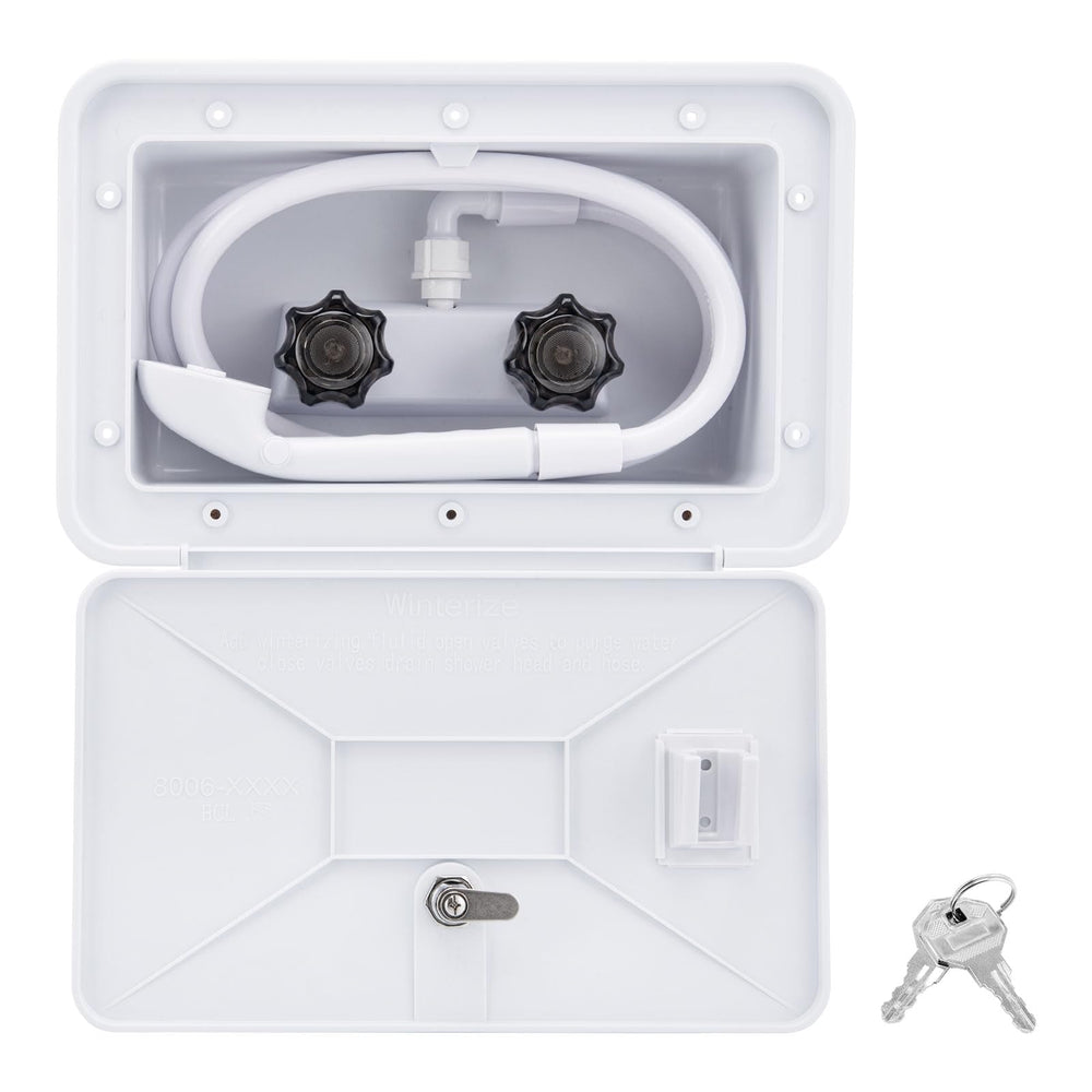 VECKYJL RV outside shower box mounted on exterior for convenient rinsing after outdoor adventures