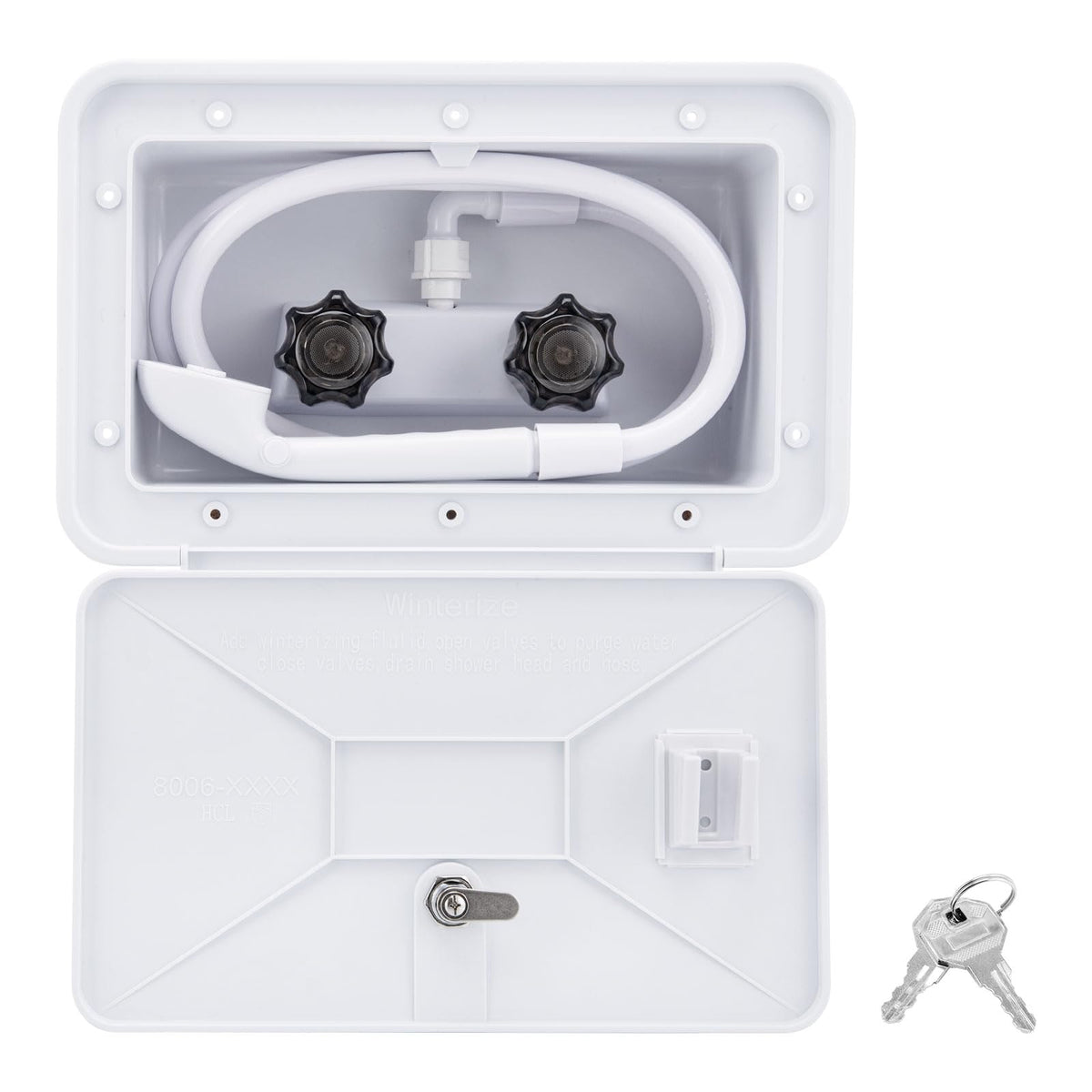 VECKYJL RV outside shower box mounted on exterior for convenient rinsing after outdoor adventures
