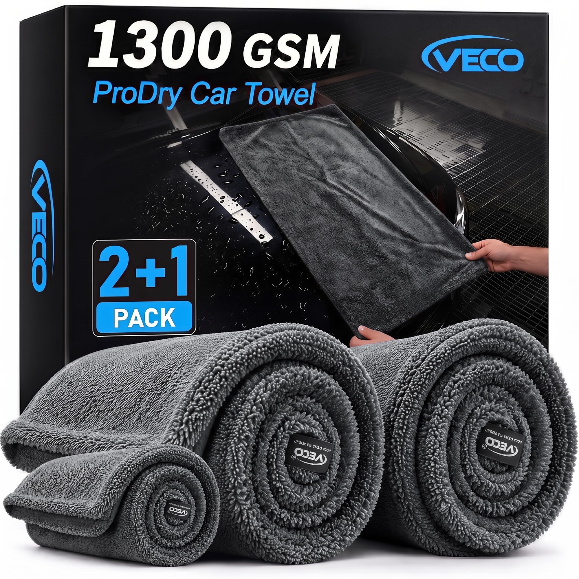 Veco front view of three-piece drying towel kit showing contents and packaging benefit fast coverage