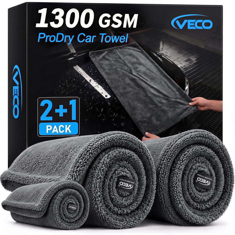 Veco front view of three-piece drying towel kit showing contents and packaging benefit fast coverage
