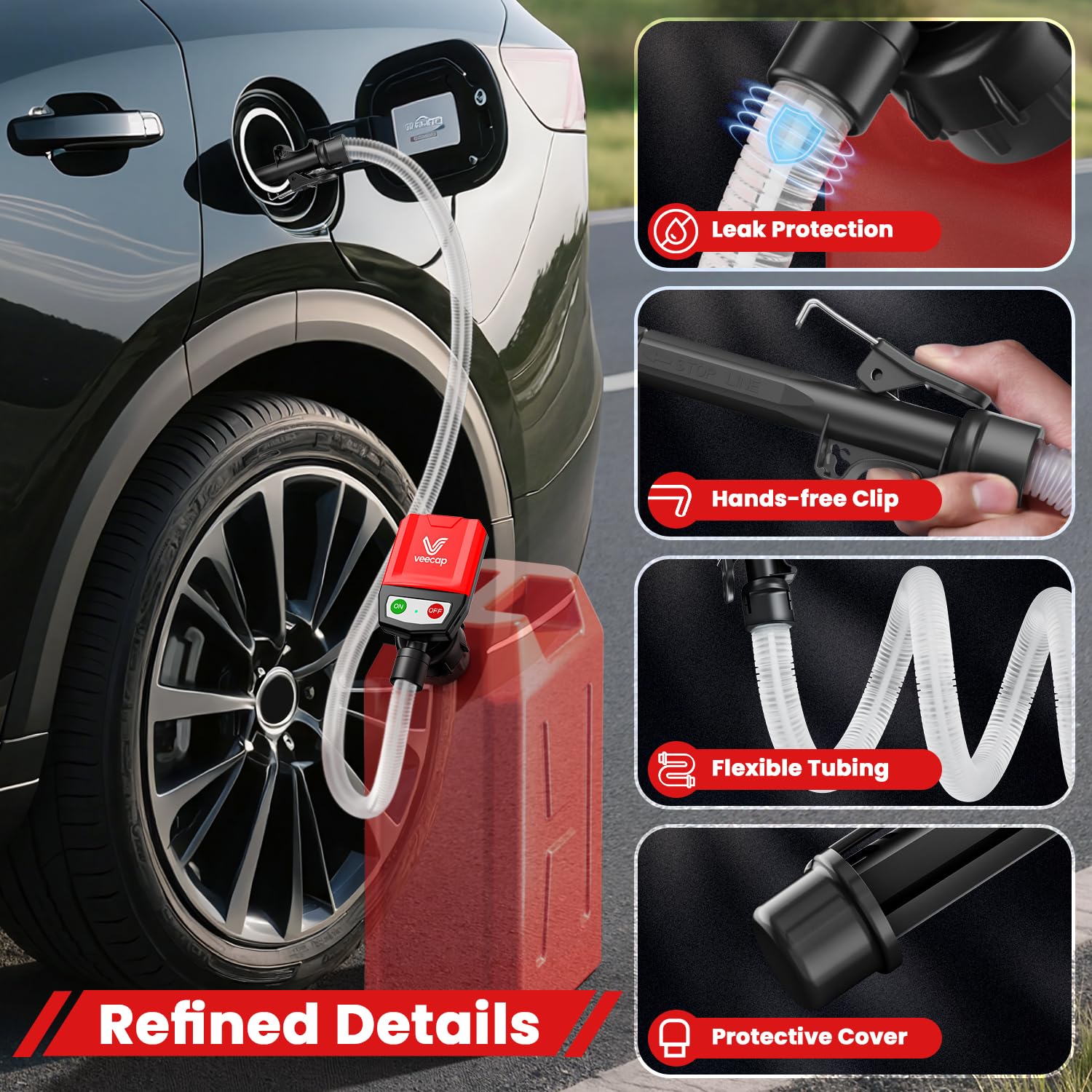 VEECAP 23-inch intake hose simplifies setup and priming.