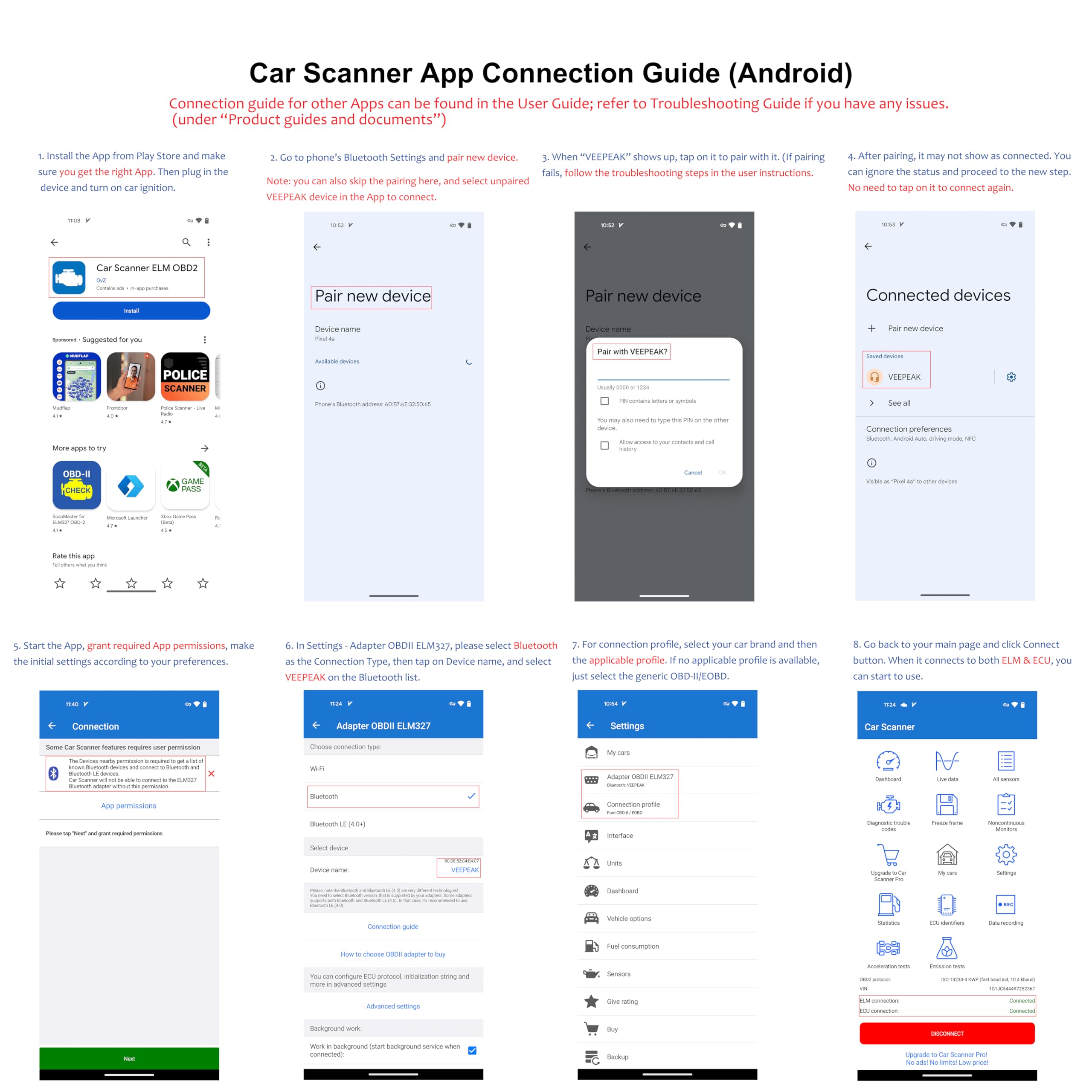 Veepeak OBDCheck app compatibility list showing supported apps